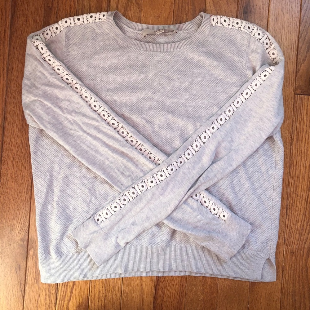 LOFT Eyelet Lace Sleeve Grey Cropped Sweater